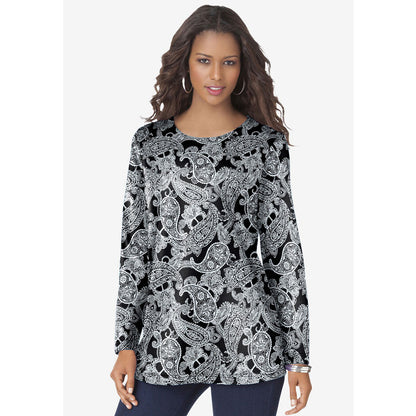 Black Fancy Paisley Long-Sleeve Crewneck Ultimate Tee PSW-8309