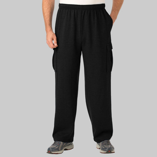 Black fleece big size cargo trouser with elastic waistband and secure cargo pockets displayed on a clean studio background.