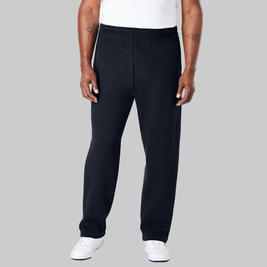 Black fleece open-bottom sweatpants for plus-size men shown on a studio background, relaxed fit with side pockets and back pocket.