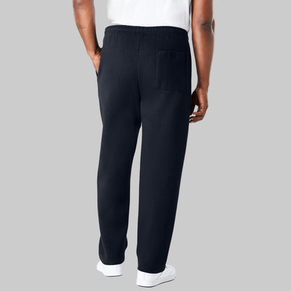 Black fleece open-bottom sweatpants for plus-size men shown on a studio background, relaxed fit with side pockets and back pocket.