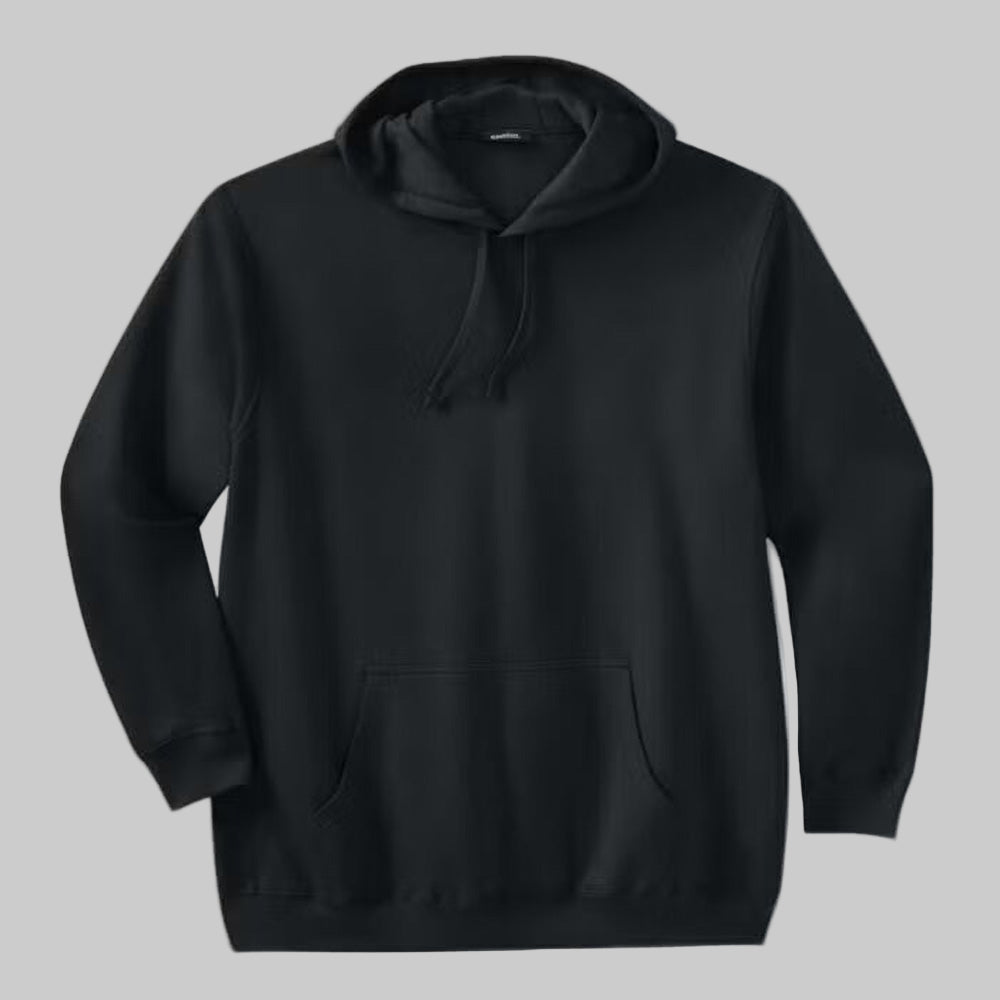 Black fleece pullover hoodie for plus-size men with adjustable drawstring hood, front pouch pocket, and ribbed cuffs — soft and breathable casual wear.