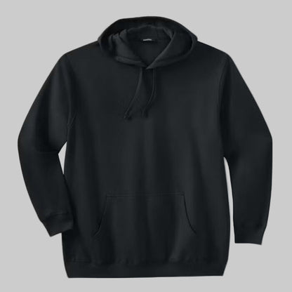 Black fleece pullover hoodie for plus-size men with adjustable drawstring hood, front pouch pocket, and ribbed cuffs — soft and breathable casual wear.