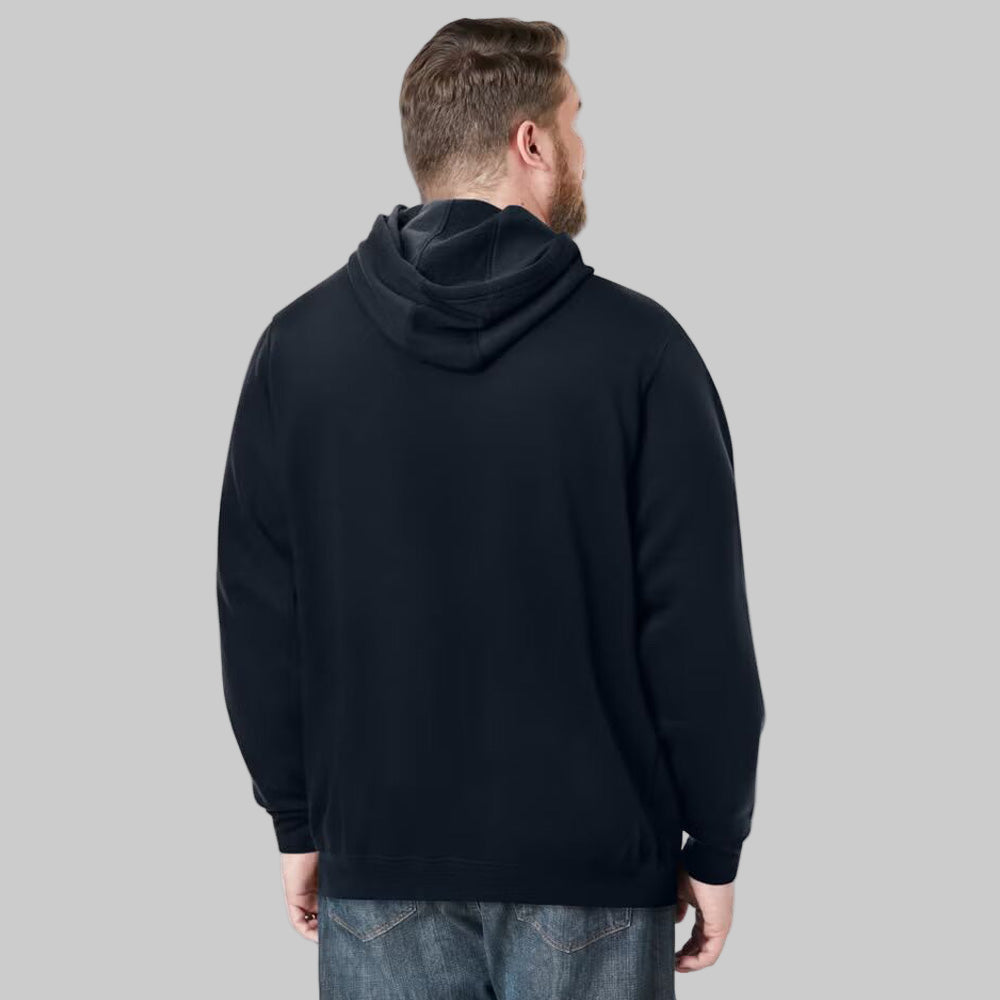 Black fleece pullover hoodie for plus-size men with adjustable drawstring hood, front pouch pocket, and ribbed cuffs — soft and breathable casual wear.