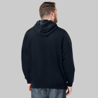 Black fleece pullover hoodie for plus-size men with adjustable drawstring hood, front pouch pocket, and ribbed cuffs — soft and breathable casual wear.