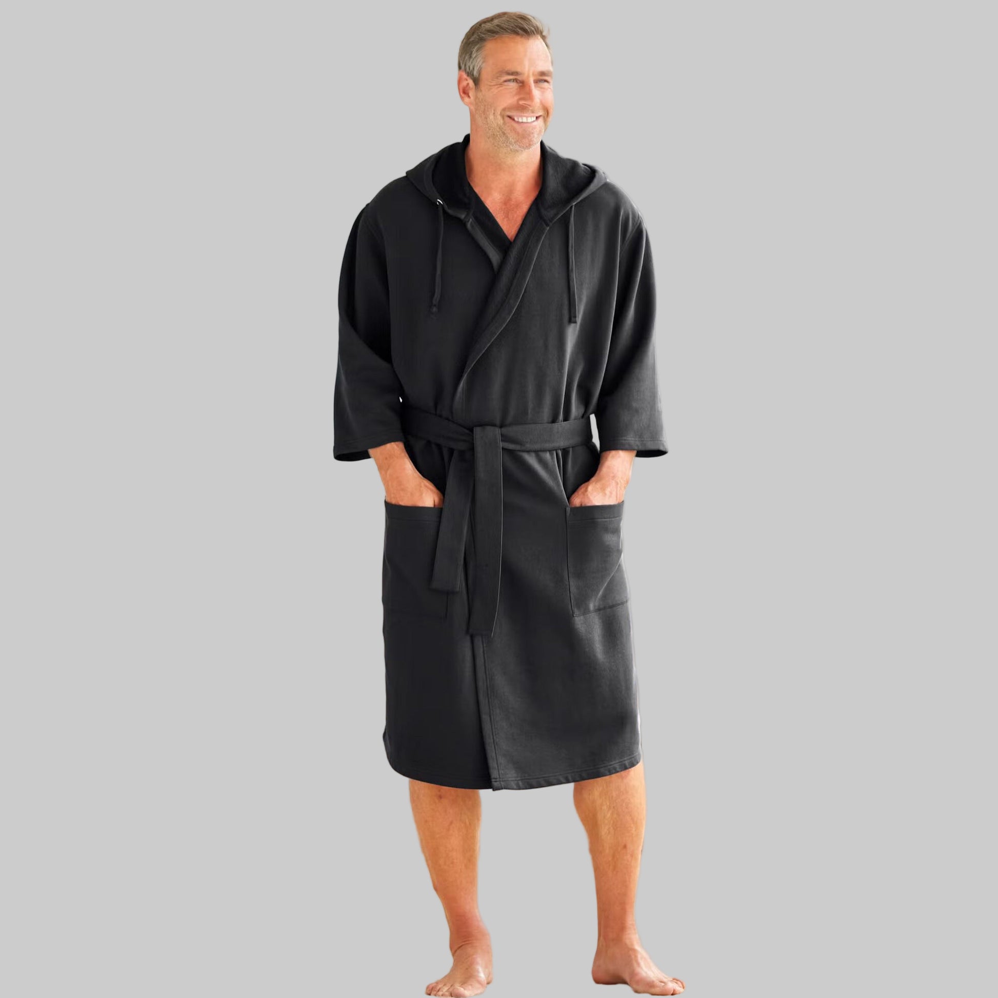Black Fleece Big & Tall Size Robe with adjustable hood, patch pockets, and belt — soft cotton-blend men’s robe for warmth and comfort.
