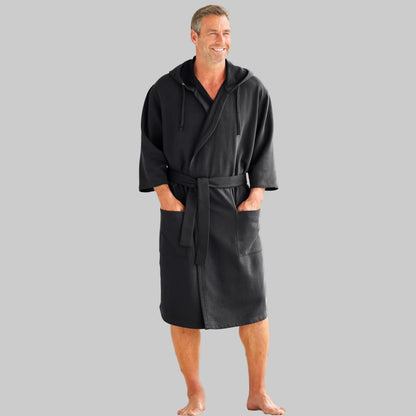 Black Fleece Big & Tall Size Robe with adjustable hood, patch pockets, and belt — soft cotton-blend men’s robe for warmth and comfort.
