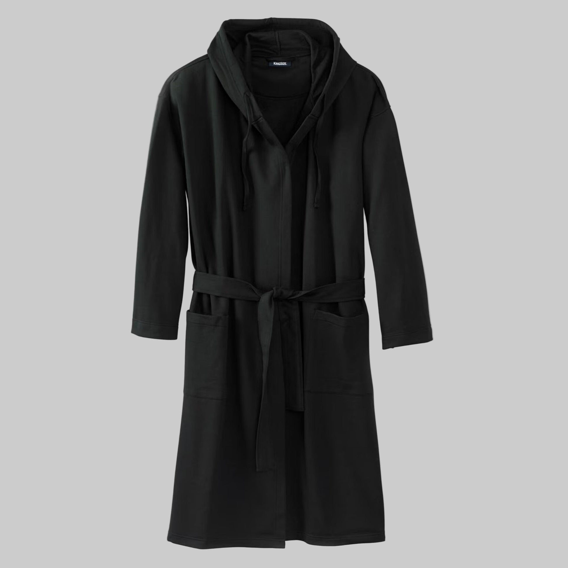 Black Fleece Big & Tall Size Robe with adjustable hood, patch pockets, and belt — soft cotton-blend men’s robe for warmth and comfort.