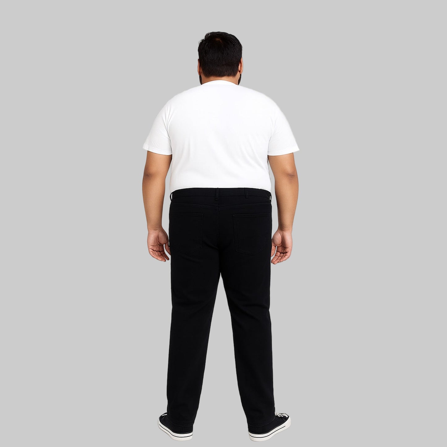 Black Flex Stretch Slim Fit Jeans for men, dark wash denim with stretch, straight leg, mid-rise waist, and slim fit style.
