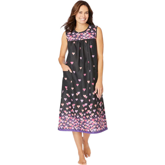Black sleeveless lounger with floating hearts print and soft breathable fabric