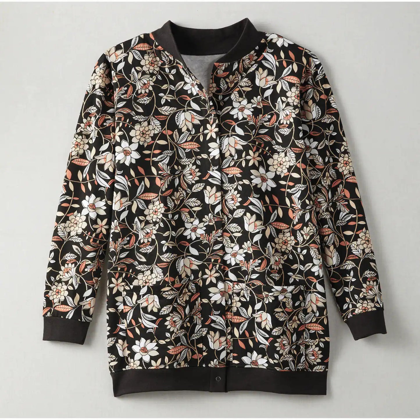 Black Floral Fleece Cardigan Sweater PSW-8754