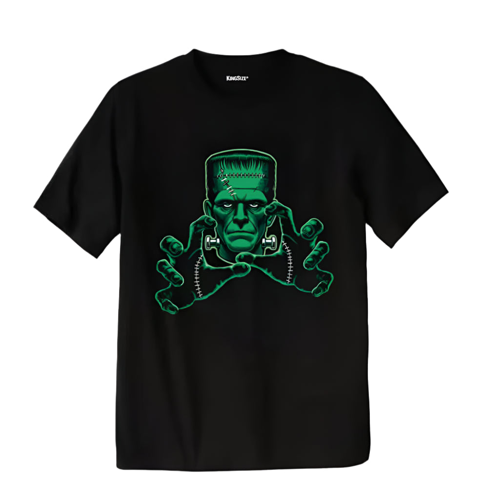 Black Halloween graphic tee with glow-in-the-dark Frankenstein design for Big & Tall men