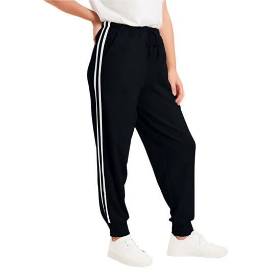 Black French Terry Jogger with side stripes and drawstring waist, laid flat