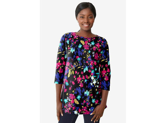 Black Garden Floral Printed Boatneck Tunic PSW-6428