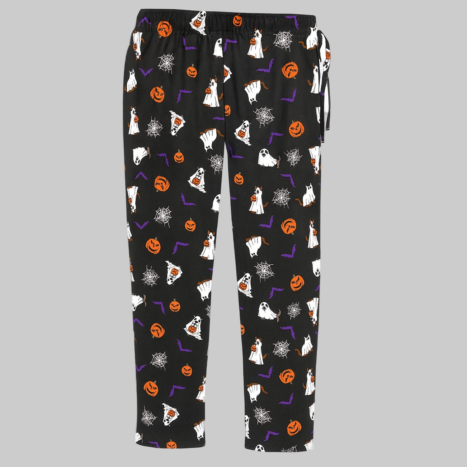 Black Ghost Flannel Novelty Pajama Pants with Halloween print, elastic waistband, drawstring, and side pockets – plus size sleepwear.