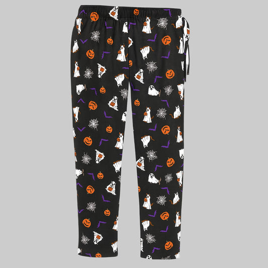 Black Ghost Flannel Novelty Pajama Pants with Halloween print, elastic waistband, drawstring, and side pockets – plus size sleepwear.