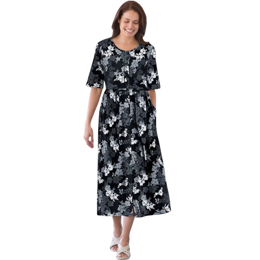 Black Graphic Floral Button Front Mid-Calf Dress with Pockets