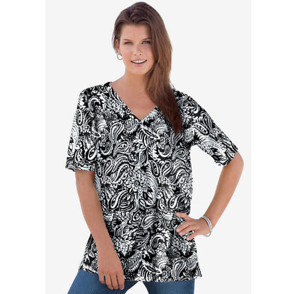 Black Graphic Paisley V-Neck Ultimate Top PSW-8148