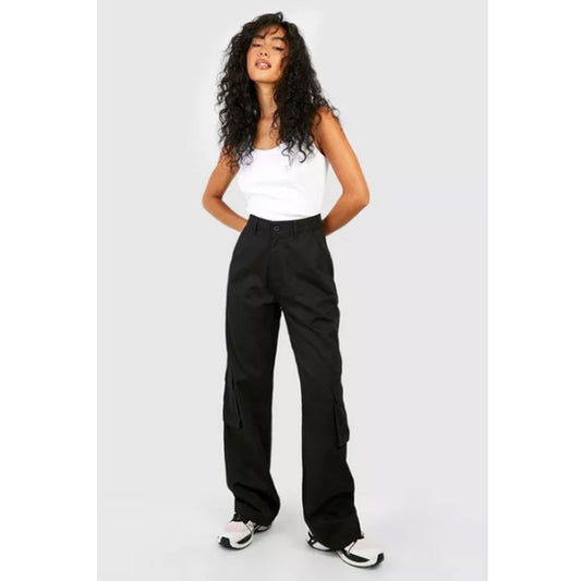 Black High Waisted Twill Straight Leg Cargo Pants PSW-8195