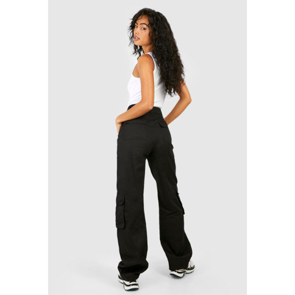 Black High Waisted Twill Straight Leg Cargo Pants PSW-8195