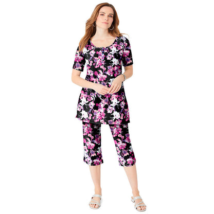 Black Hot Tropics Printed Henley Capri Set PSW-8960