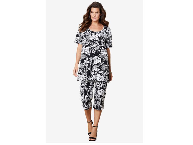 Black Island Leaves Printed Henley Capri Set PSW-5751