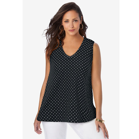 Black Ivory Dot Stretch Cotton V-Neck Trapeze Tank PSW-8018