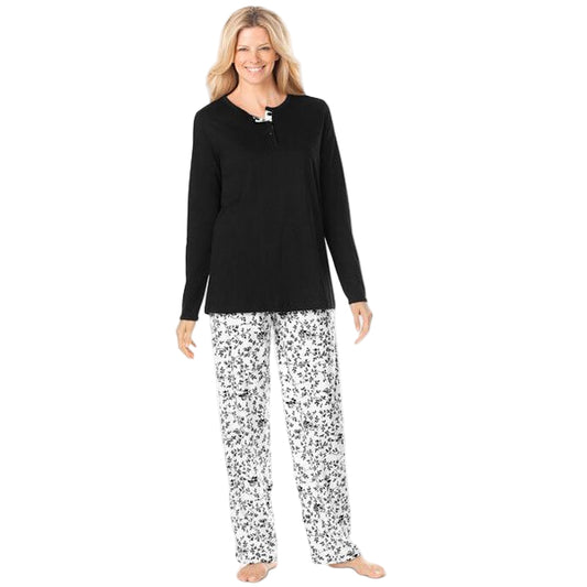 “Black Ivory Henley Pajama Set – solid henley top with floral print cotton pants, relaxed fit”
