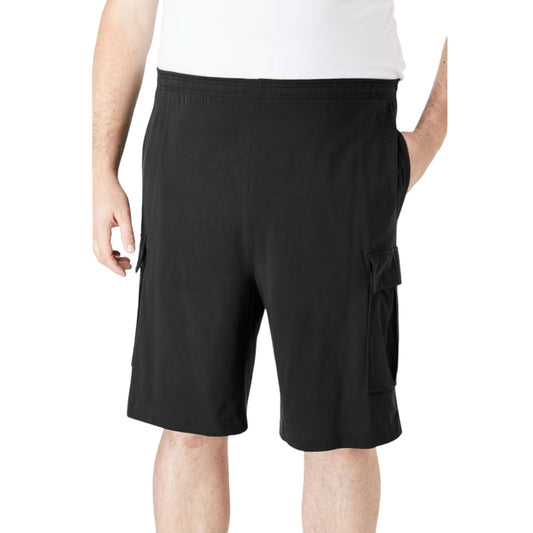 A pair of Black Jersey Big Size Cargo Shorts featuring soft jersey fabric, cargo pockets for extra storage, an elastic waistband with a drawstring, and a relaxed fit.