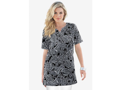 Black Lace Paisley Print Notch-Neck Soft Knit Tunic PSW-6826