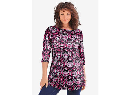 Black Lattice Medallion Boatneck Ultimate Tunic with Side Slits PSW-6947