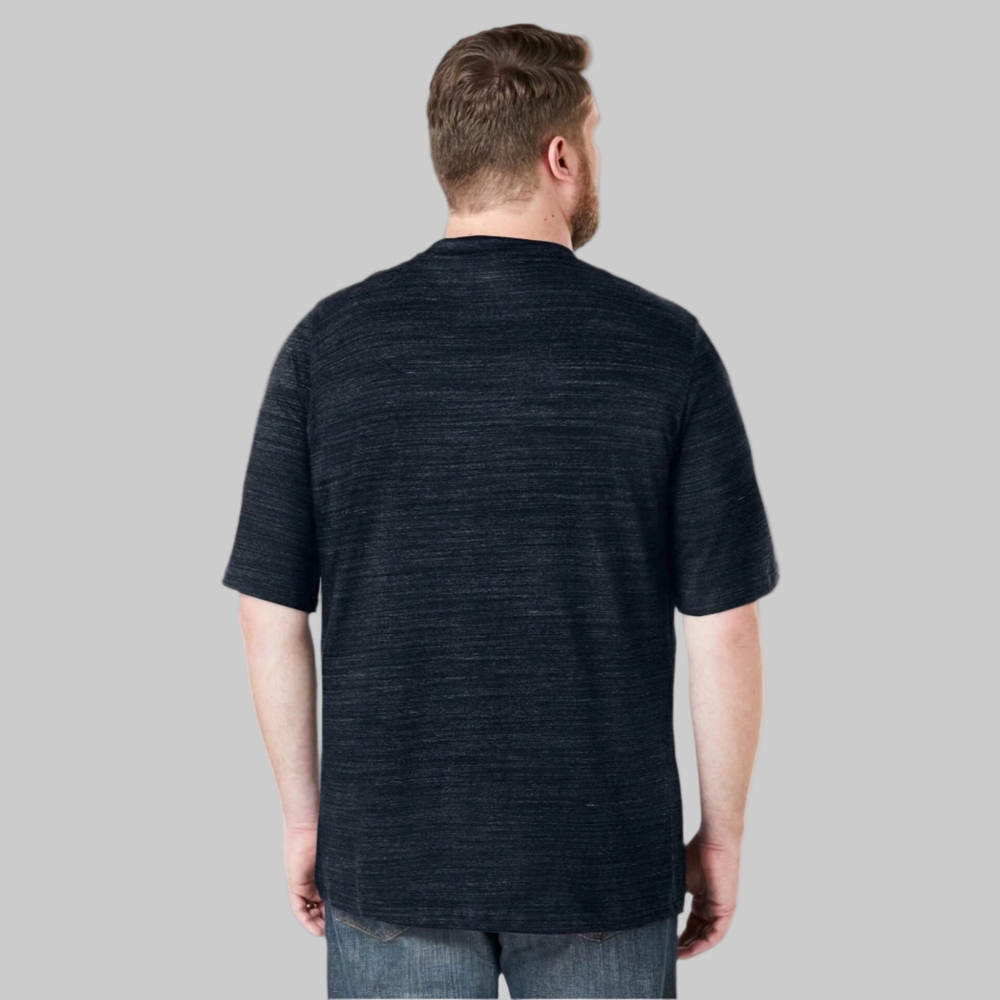 Plus-size Pakistani male model wearing black marl crewneck T-shirt on a clean studio background, relaxed fit.