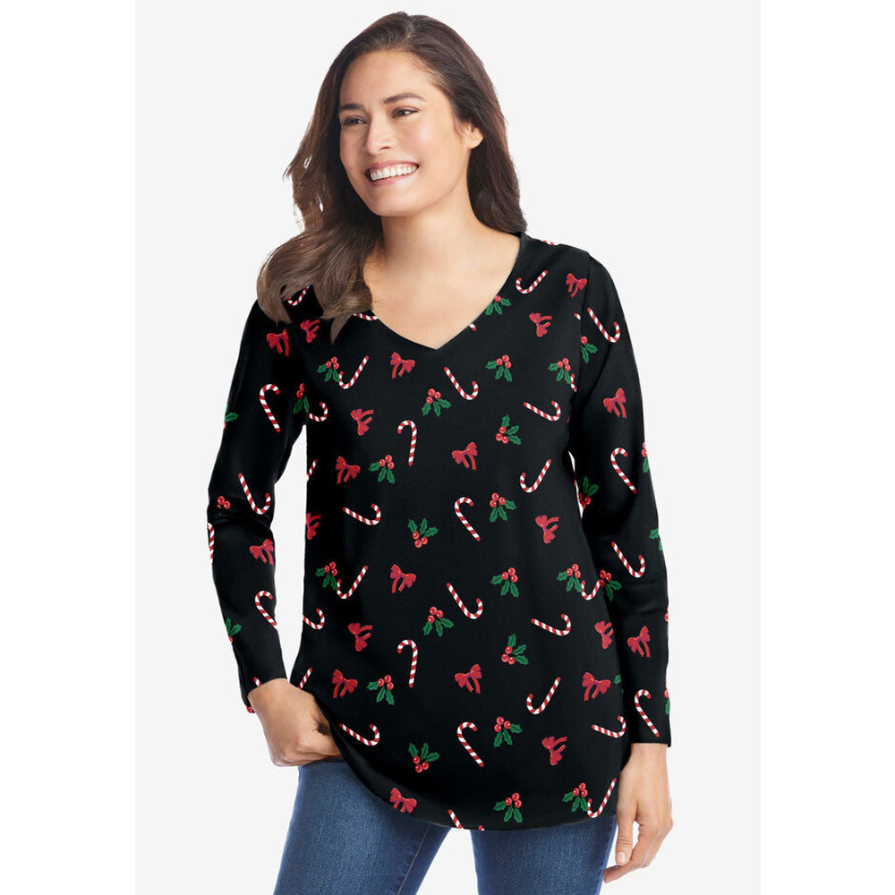 Black Mistletoe Perfect Printed Long-Sleeve V-Neck Tee PSW-8717