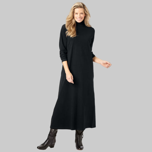 Plus-size model wearing Black Mockneck Dress with long sleeves