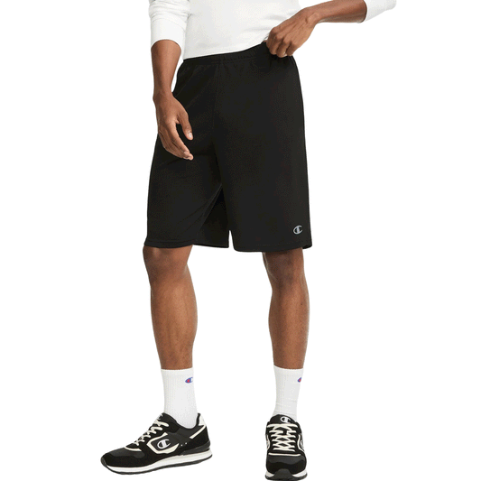 Black polyester moisture-wicking sport shorts with elastic waistband and side pockets