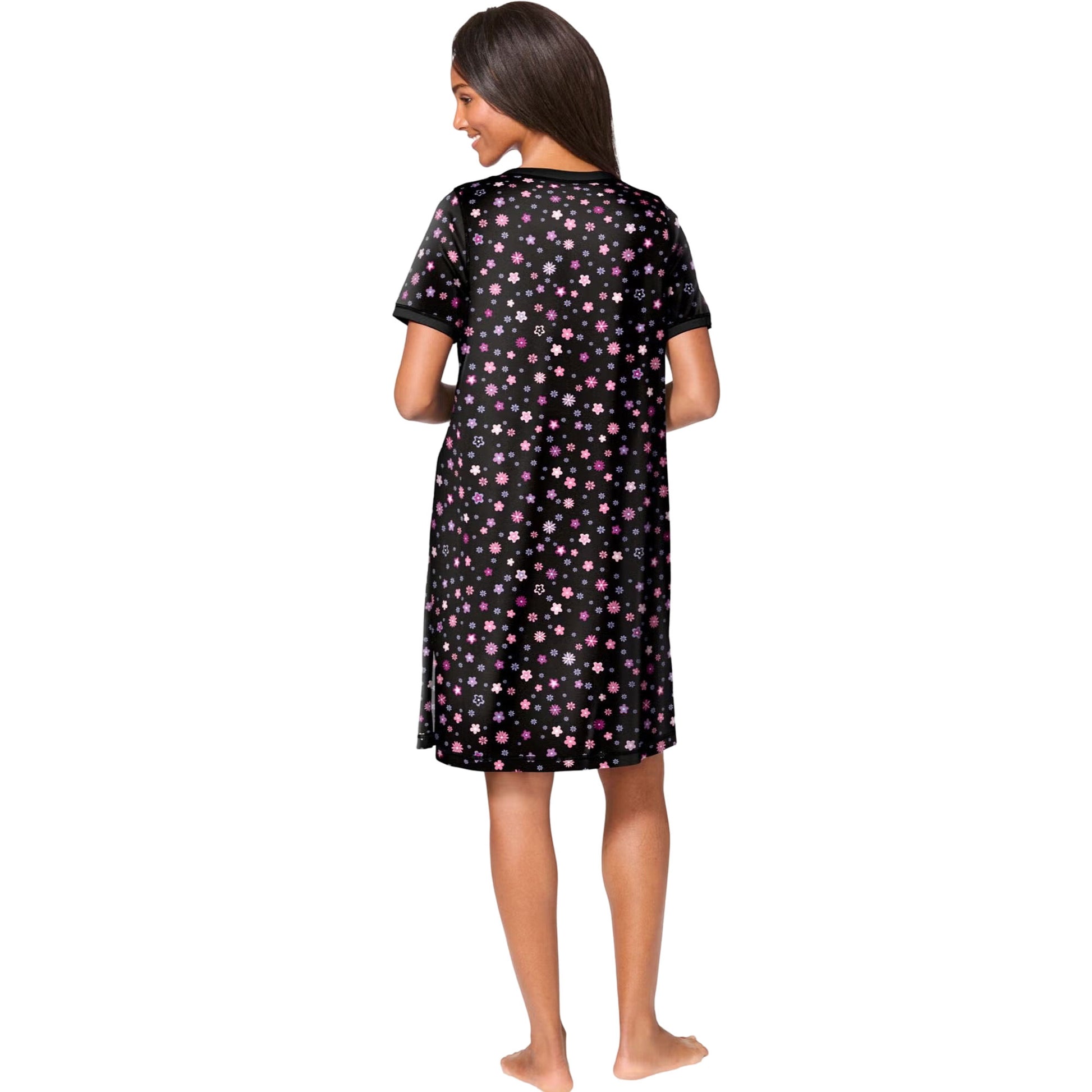 Black short-sleeve Henley sleepshirt with multicolor floral print and soft breathable fabric