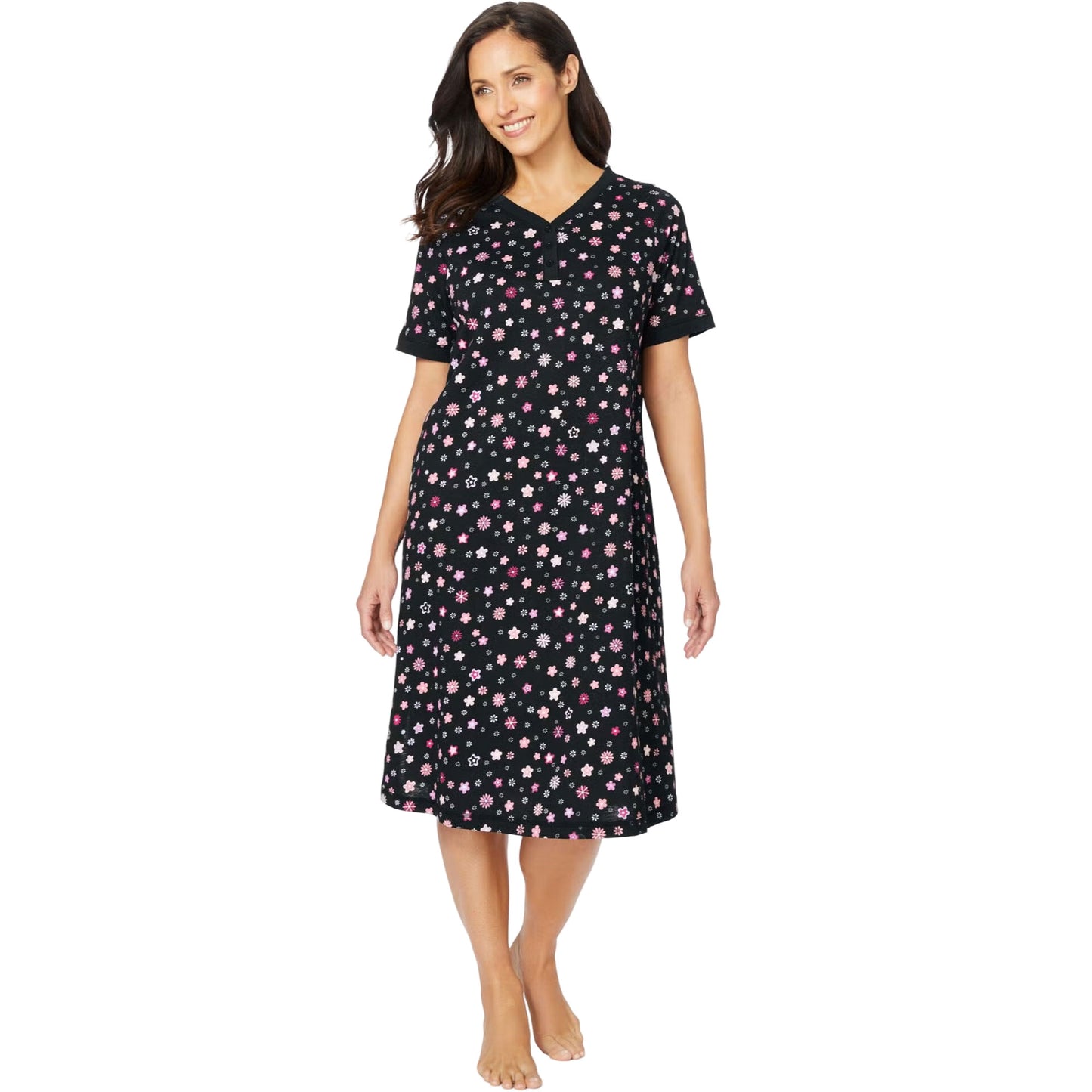 Black short-sleeve Henley sleepshirt with multicolor floral print and soft breathable fabric