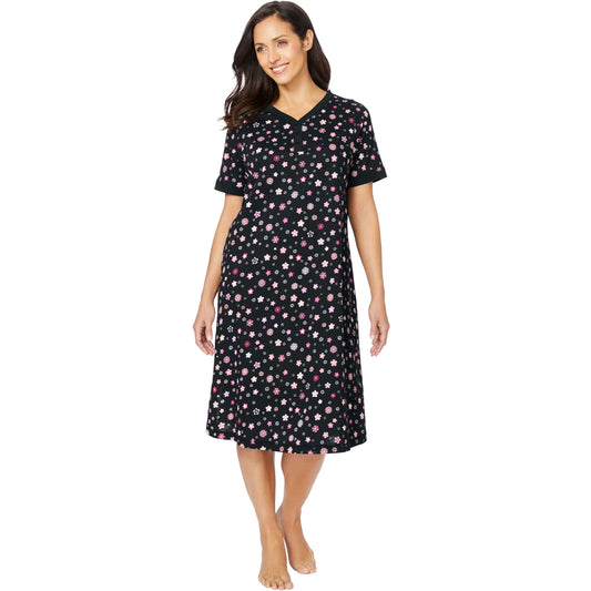 Black short-sleeve Henley sleepshirt with multicolor floral print and soft breathable fabric