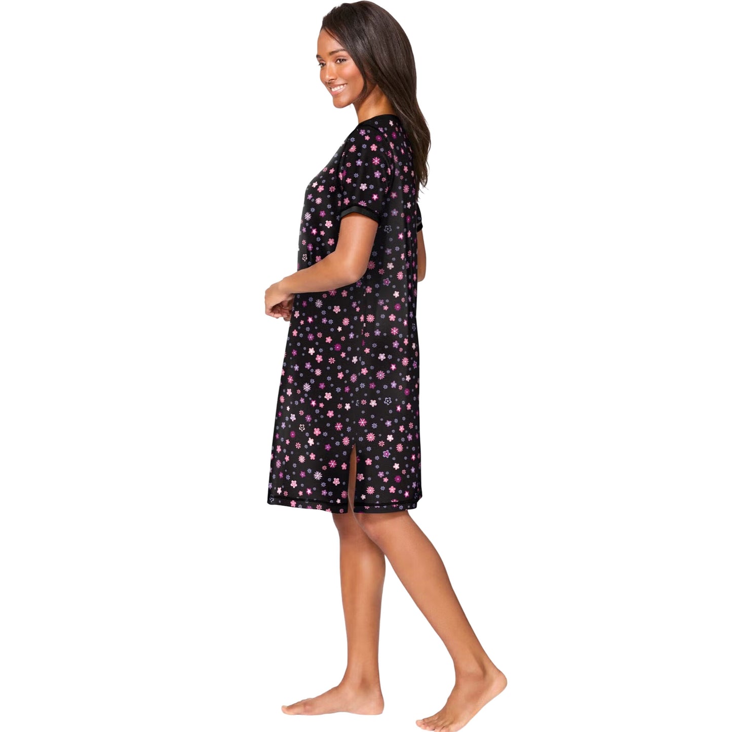 Black short-sleeve Henley sleepshirt with multicolor floral print and soft breathable fabric