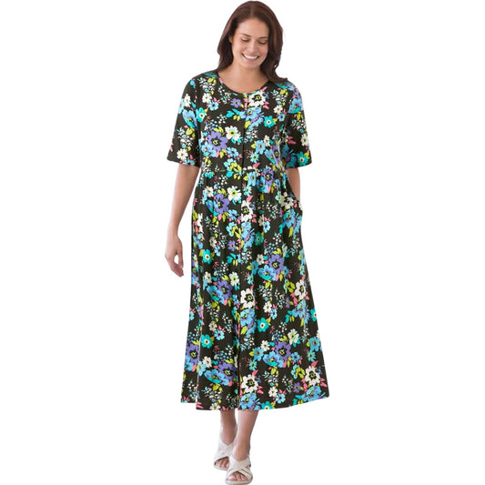 Black Multi Garden Floral Button Front Mid-Calf Dress with Pockets