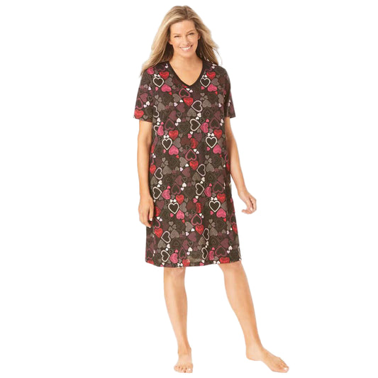 Black Multi Hearts Short Print Sleepshirt with colorful heart prints, ribbed V-neck, short sleeves, and A-line silhouette – women’s 40-inch cotton sleepwear.