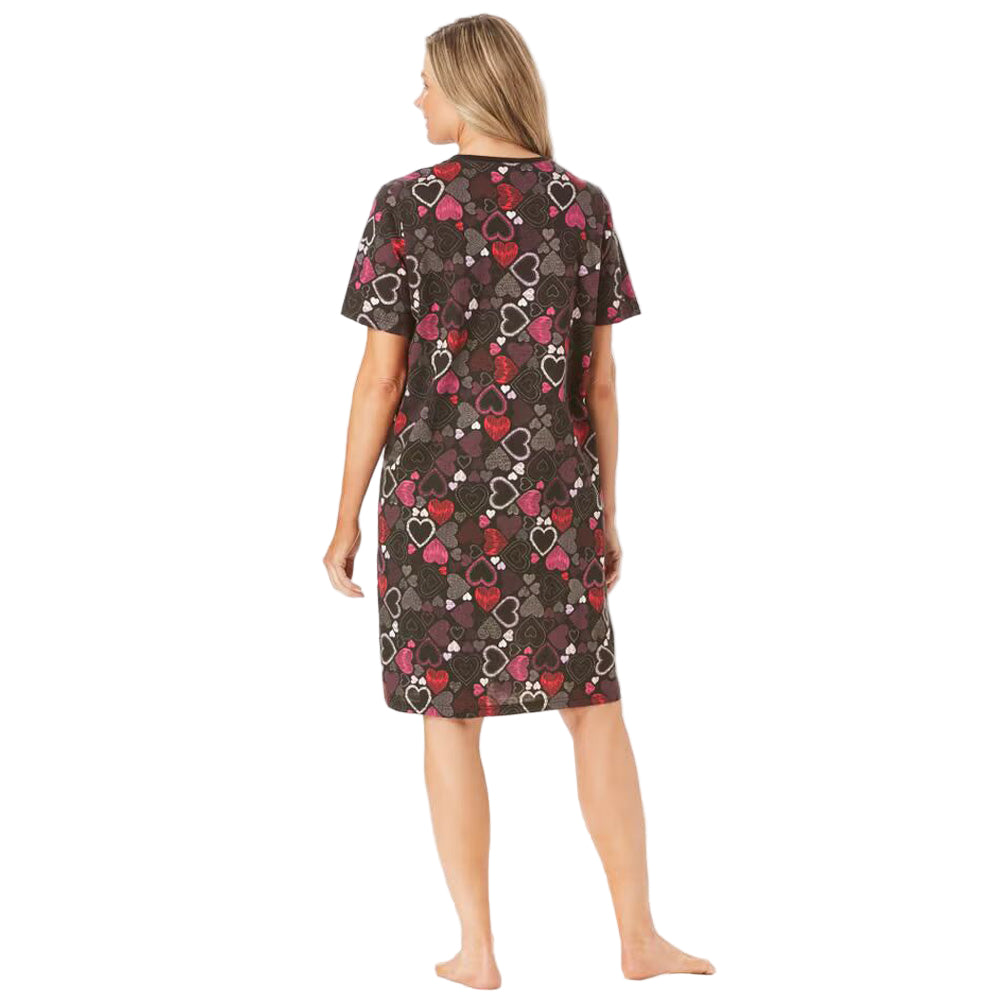 Black Multi Hearts Short Print Sleepshirt with colorful heart prints, ribbed V-neck, short sleeves, and A-line silhouette – women’s 40-inch cotton sleepwear.