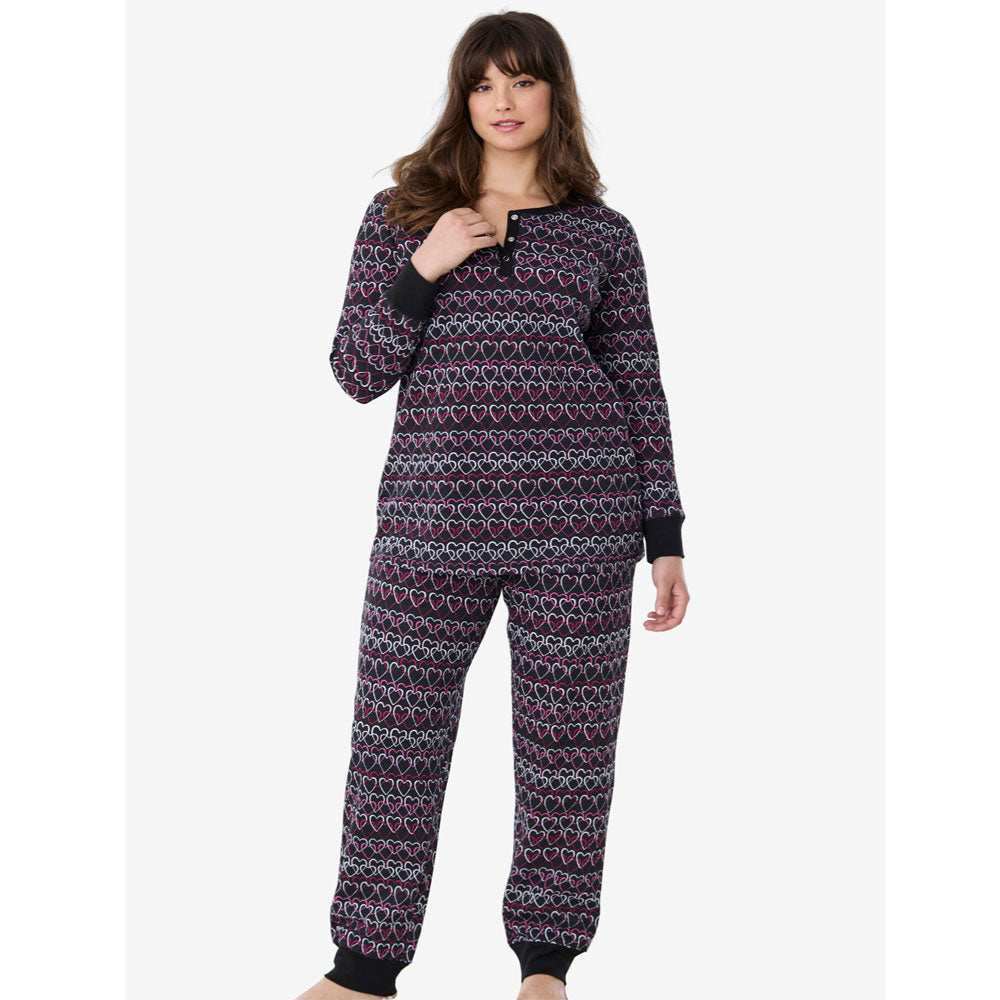 Black Multi Hearts Thermal Henley Pajama Set PSW-8961