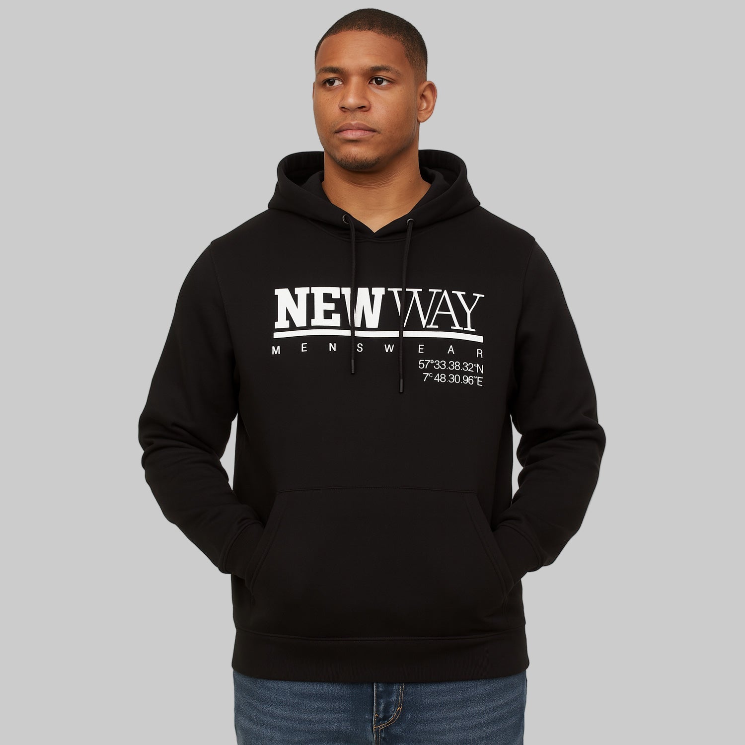 Black fleece hoodie with “NEW WAY MENSWEAR” white chest print and drawstring hood — soft and comfortable men’s streetwear.