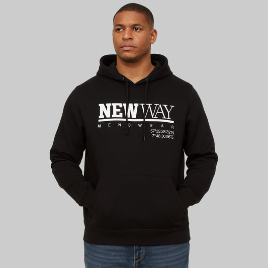 Black fleece hoodie with “NEW WAY MENSWEAR” white chest print and drawstring hood — soft and comfortable men’s streetwear.