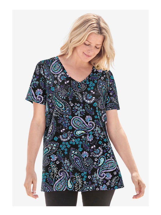 Black Paisley Perfect Printed V Neck Tee PSW-8996