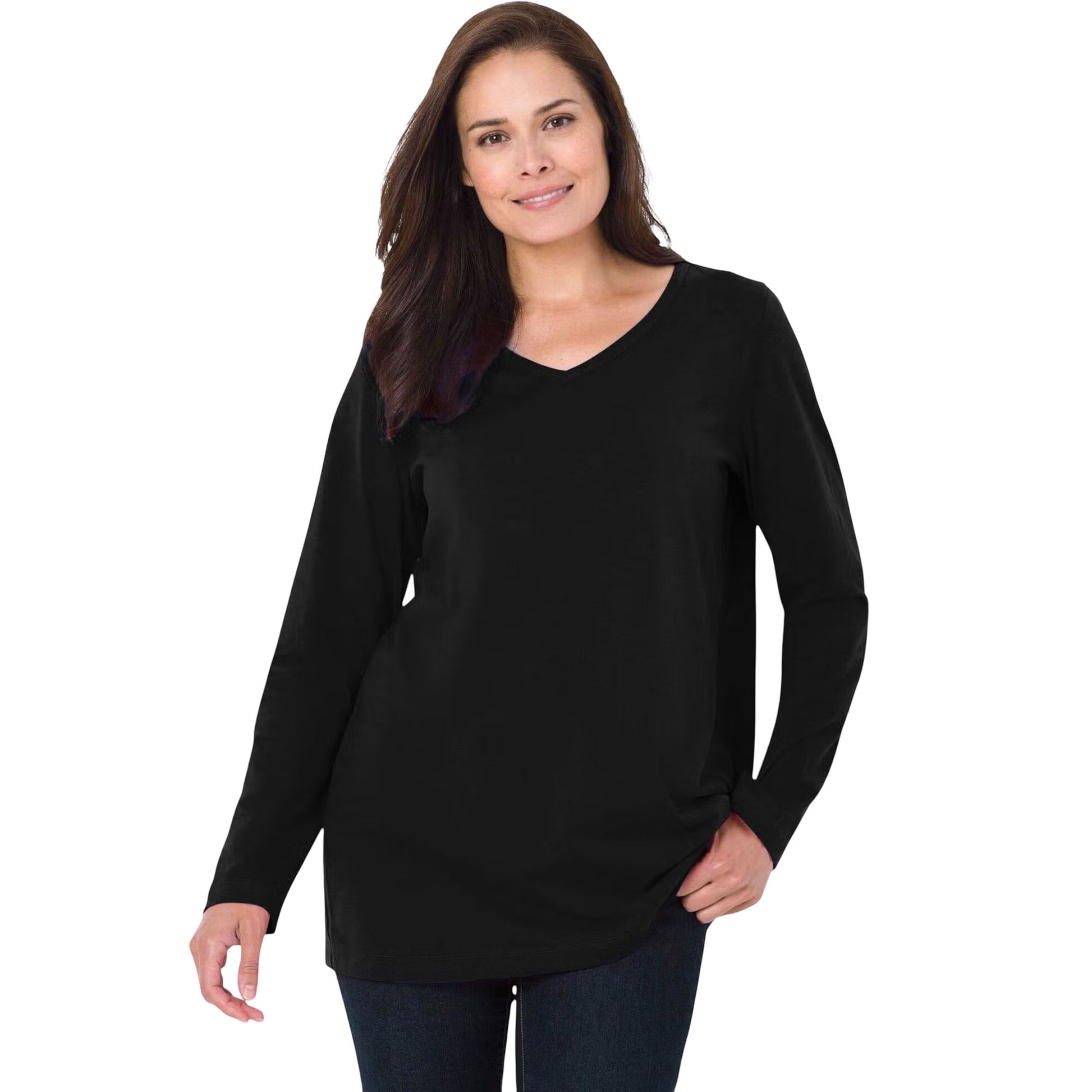 Black long-sleeve v-neck tee for women – relaxed fit, soft cotton blend