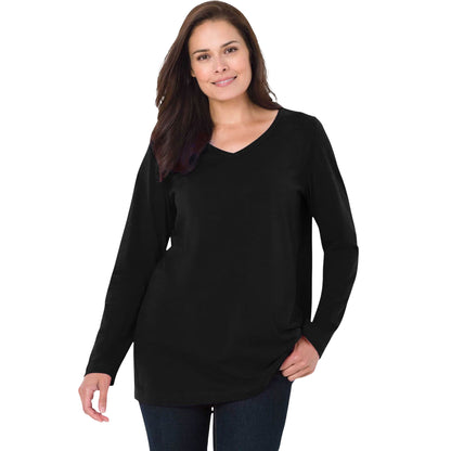 Black long-sleeve v-neck tee for women – relaxed fit, soft cotton blend