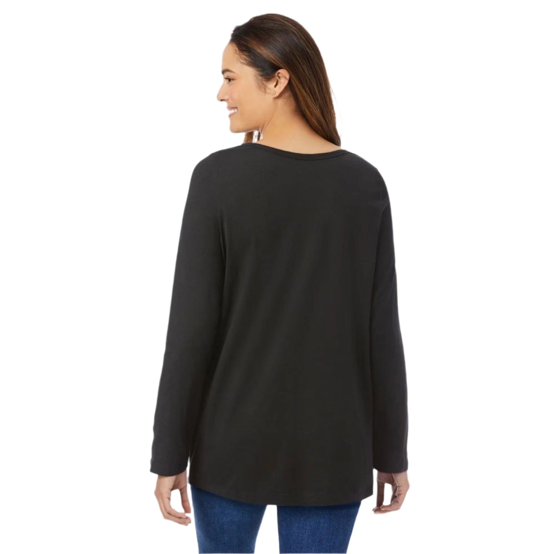 Black long-sleeve v-neck tee for women – relaxed fit, soft cotton blend