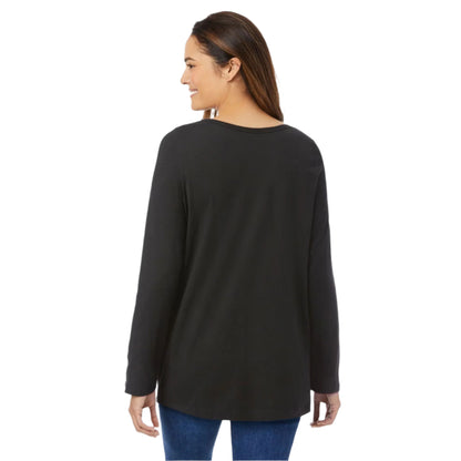 Black long-sleeve v-neck tee for women – relaxed fit, soft cotton blend