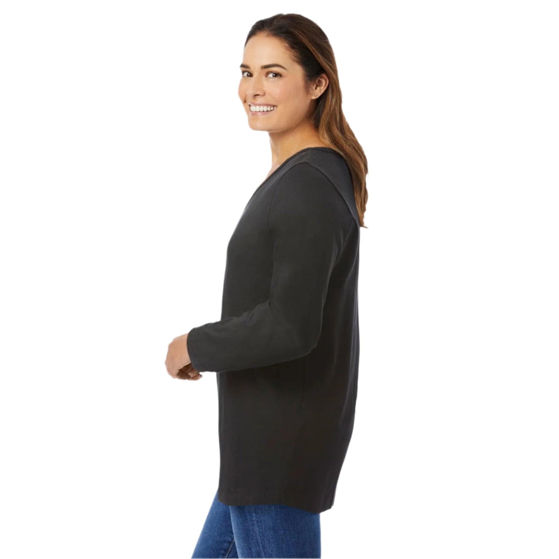 Black long-sleeve v-neck tee for women – relaxed fit, soft cotton blend